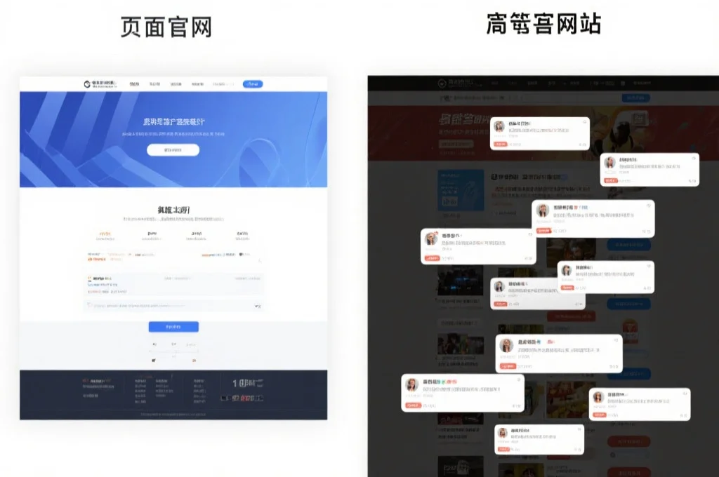 一张对比图，左侧是真实官网界面设计简洁，右侧是假冒网站界面混乱且有多个弹窗